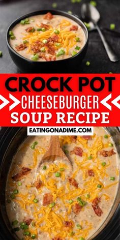 crock pot cheeseburger soup recipe in a black bowl with a wooden spoon