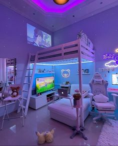 a child's bedroom with purple lighting and white furniture