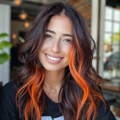 Black And Color Highlights, Dark Hair Orange Money Piece, Black And Orange Highlights, Dark And Orange Hair, Halo Vivid Hair Color, Orange Money Piece Hair Brunette, Dimensional Vivid Hair, Brown And Vivid Hair, Orange Peekaboo Hair Dark Brown