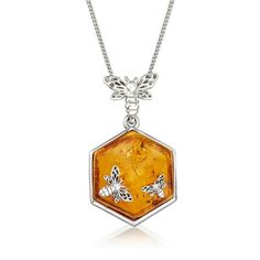 With a commitment to quality and affordability, Ross-Simons presents timeless jewelry for the modern woman. This super sweet necklace provides a honeyed look! A charming sterling silver bumblebee suspends a 15x17mm amber hexagonal cabochon, which also showcases two more bumblebees. This makes the perfect gift for the nature (or honey) lover in your life! Set in sterling silver and suspended from a curb chain. Springring clasp, amber bumblebee pendant necklace. Each Ross-Simons item arrives in a fine jewelry presentation box. Shop Ross-Simons jewelry risk-free as all items include a 30-day, 100% money-back guarantee. Stone Information Gem Type 1: Amber Stone Cut 1: Cabochon Stone Color 1: Orange Stone Clarity 1: Orange Stone Shape 1: Special-Cut-Shape Stone Creation Method 1: Natural Stone Whimsical Ring, Honey Bee Earrings, Bumble Bee Necklace, Honeycomb Necklace, Sweet Necklace, Bee Jewelry, Bee Pendant, Bee Necklace, Bee Earrings