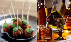 there are two pictures one has meatballs and the other has cocktail glasses on it