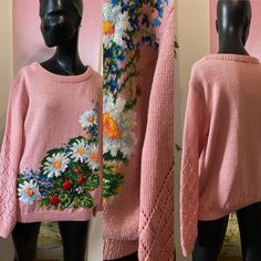 Treat yourself or your loved one with this beautiful and cozy one of a kind sweater. It is made from a blend of wool to keep you warm and acrylic to ease the care process. Sweet and intricate daisy flowers and strawberries pattern on the front and intricate lace stitching on sleeves will make you elegantly stand out in every setting.   Length (shoulder to bottom) 65 cm Width at chest 116 cm Sleeve from collar 73 cm Machine wash:  Set your washing machine cycle to the wool setting. If it does not have a wool cycle, then use the cold water wash or wash cycle for delicates. Use a detergent formulated for wool, silk and/or delicates. OR Hand-wash: Add the recommended amount of a soap formulated for wool or delicates to a sink filled with lukewarm water. Soak the sweater inside out for about 10 Spring Crew Neck Hand Knitted Sweater, Hand Knitted Bohemian Pink Sweater, Pink Hand Knitted Bohemian Sweater, Vintage Knitted Sweater For Spring, Pink Bohemian Hand-knitted Sweater, Pink Bohemian Hand Knitted Sweater, Pink Bohemian Knitted Sweater, Hand-knitted Pink Cotton Sweater, Hand Knitted Pink Cotton Sweater