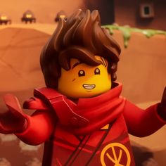 the lego movie character is wearing a red coat and holding his arms out in front of him