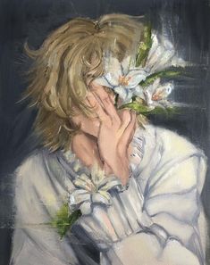 a painting of a woman covering her face with flowers in front of her face,