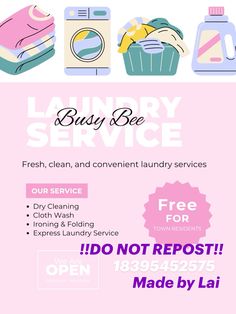 the laundry service flyer is shown in pink