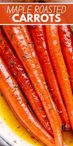 roasted carrots in a white bowl with text overlay