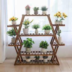 a wooden shelf filled with potted plants