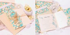 two pictures of wedding cards and envelopes with flowers on the inside, one in gold and blue