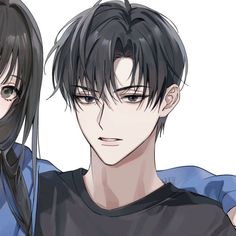 two anime characters with black hair and blue shirts, one is looking at the camera