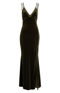 Summon glamourous energy in this velvet mermaid gown featuring contrast trim along the neckline giving it a layered look without any extra bulk. 32" to 60" length (size Large) Hidden back-zip closure V-neck Adjustable straps Lined 95% polyester, 5% spandex Hand wash, line dry Imported Boho Formal Wedding Guest, Velvet Mermaid Gown, Green Wedding Guest Dress, Green Wedding Guest Dresses, Boho Formal, Formal Wedding Guests, Hair Care Gifts, Olive Green Dresses, Fashion Aesthetics