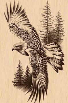 an eagle flying through the air with pine trees in the background on a wooden plaque