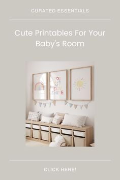 a baby's room with three pictures hanging on the wall and an empty bench