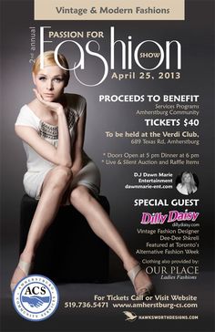 an advertisement for the fashion show with a woman sitting on a chair in front of her