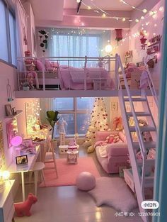 a room with bunk beds and lights on the ceiling is decorated in pastel colors