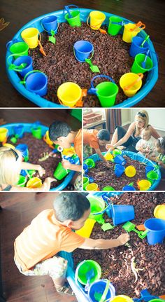 there are many different pictures of children playing in the sandbox with shovels and water