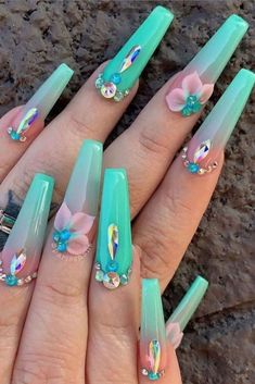 32 Beautiful Coffin Acrylic Nails with Flower for May Nails Teal Acrylic Nails, Teal Nails, Turquoise Nails, Nagellack Trends, May Nails, Blue Acrylic Nails, Nails Design With Rhinestones, Cute Acrylic Nail Designs, Long Acrylic Nails Coffin