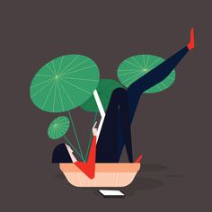 a person laying on their back in a bowl with green umbrellas floating above them