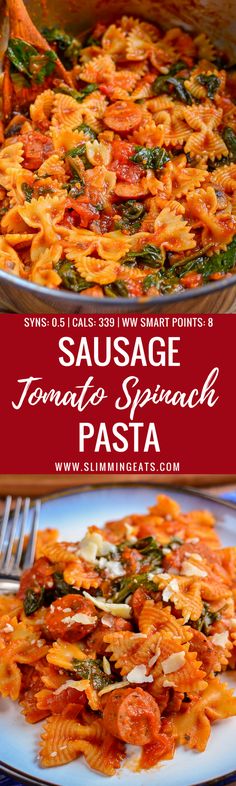 sausage tomato pasta with spinach and cheese in a skillet