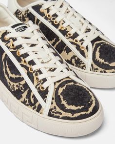 Barocco Greca Sneakers Versace Sneakers, Round Toe Sneakers, Chain Strap Bag, Oversized Tote Bag, Oversized Tote, Floral Shoes, Mens Scarves, Logo Stamp, Moto Boots