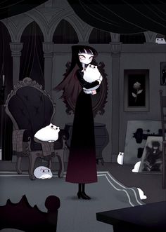 a woman in a black dress holding a white cat while standing next to a chair