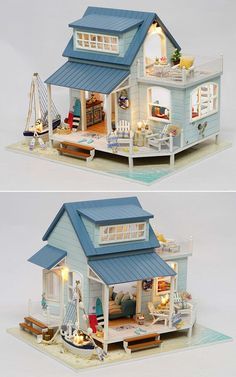 two pictures of a doll house with lights on and furniture in the outside, inside and out