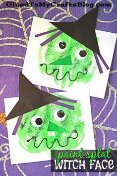 two halloween crafts for kids with green faces and black witches hats on purple fabric background