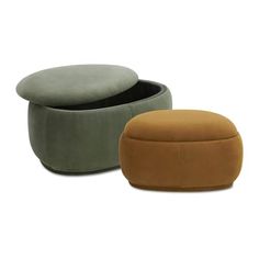 two stools with footstools in various colors and sizes, one has a cushion on it