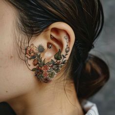 Ear Tattoos Tattoo Flash Collection Fern Ear Tattoo, Ear Tattoo With Piercing, Dragon Ear Tattoo, Flower Ear Tattoo, Brown Ink Tattoo, Ear Tattoo Design, Tattoos On Dark Skin, Hard Tattoos, 16 Tattoo