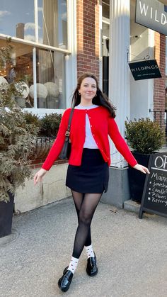 Heart Socks, Red Cardigan, Casual Cardigans, Black Loafers, Red Outfit, Heart Pattern, Heart Patterns, Black Skirt, Parisian Style