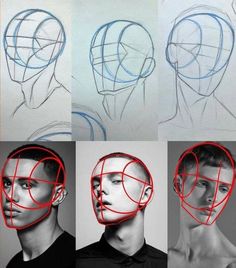 four different views of a man's head with lines drawn on it