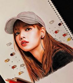 a pencil drawing of a girl wearing a baseball cap and holding a red pen in her left hand