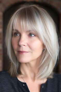 20 Hairstyles with Bangs for Women Over 50 | Short Hair With Bangs Over 50, Medium Straight Hair With Bangs, Old Lady Haircuts, Bangs For Fine Hair, Ideas For Fine Hair, Bangs For Women Over 50, Bangs Over 50, Medium Straight Haircut, Medium Length Hair With Bangs