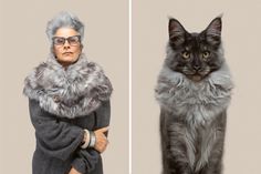 an older woman with grey hair and glasses standing next to a cat wearing a fur collar