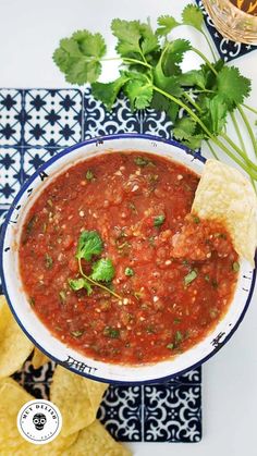 a bowl of salsa with tortilla chips and cilantro on the side