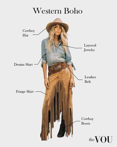 Western Boho fashion style features suede, fringes, cowboy boots, denim, and wide-brimmed hats mixed with flowing dresses, crochet vests, and layered, natural-stone jewelry. Boho Denim Outfit, Cowpunk Fashion, Boho Layering Outfits, Kimono Corset, Western Hippie Fashion, Boho Fashion Style, Western Boho Outfits, Boho Western Outfits