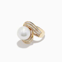 Effy 14K Yellow Gold Fresh Water Pearl and Diamond Crossover Ring Yellow Gold Diamond Rings With High Luster, Luxury 14k Gold Pearl Ring With Polished Finish, White 14k Gold Diamond Ring, Fine Jewelry Diamond Ring With High Luster, Luxury 14k Gold Pearl Ring, 14k White Gold Rings With High Luster, White Brilliant Cut Pearl Ring In 14k Gold, Luxury 14k Gold Pearl Ring With Diamond Accents, High Luster White Gold Fine Jewelry Rings