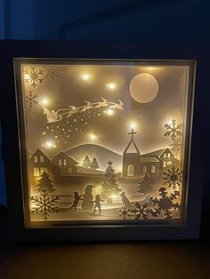 an illuminated christmas scene with santa and his sleigh in the sky, surrounded by snowflakes