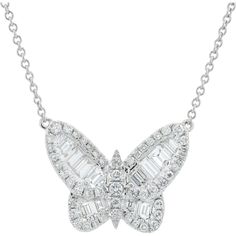 18K White Gold Diamond Butterfly Necklace with 1.52 Carat s of Baguette and Round Diamonds Luxury White Gold Diamond Butterfly Necklace, Luxury White Gold Jewelry With Detachable Pendant, Butterfly In Flight, Diamond Butterfly Necklace, Diamond Accessories, Diamond Butterfly, Diamond Birthstone, White Gold Chains, Luxury Necklace