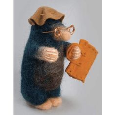 a needled mouse is holding a piece of cheese in its hand and wearing glasses