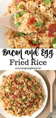 bacon and egg fried rice on a white plate