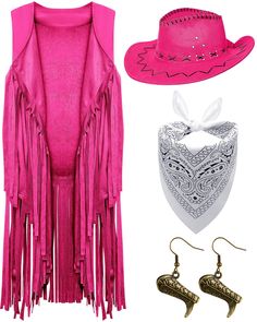 a pink outfit with fringes and accessories including a cowboy hat, bandana, cowgirl boots, and earrings