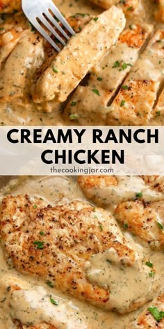 creamy ranch chicken with gravy in a skillet and on the side is a fork