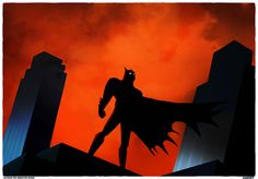 a batman silhouetted against an orange sky with buildings in the foreground and clouds in the background