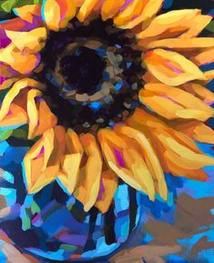 a painting of a sunflower in a blue vase