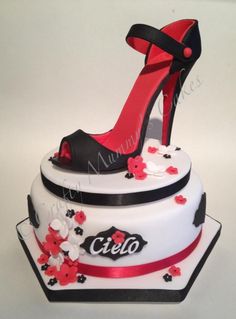 a cake that is shaped like a shoe and has flowers on the bottom, with a high heel