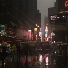 people walking in the rain on a city street at night with neon signs and buildings