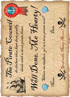 an old pirate ship certificate on parchment paper