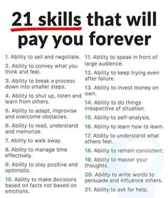 a poster with the words 21 skills that will pay you forever on it's back