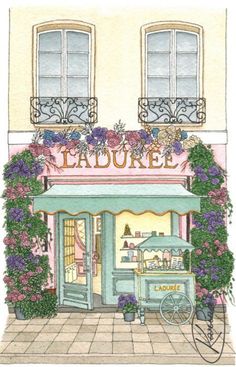 a drawing of a store front with flowers on it