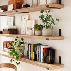 two wooden shelves filled with books and plants